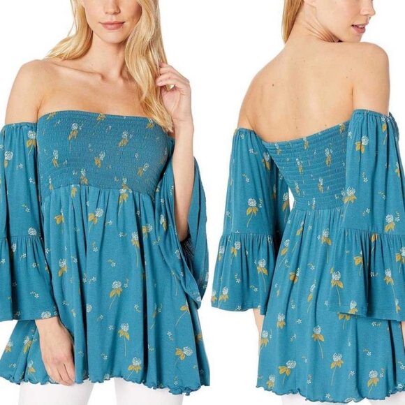 Nwt Free People Lana Off Shoulder Mermaid Tunic Blue Size Small Bell Sleeve Boho - Picture 8 of 8